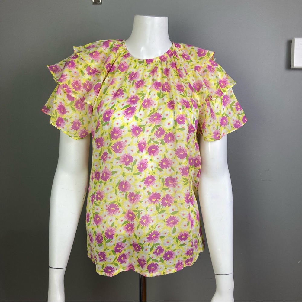 Banjanan top‎ XS puff sleeve yellow floral pink colorful gauzy tropical batik